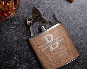 Groomsmen Flask Set, Wood Flask, Engraved Flask, Monogrammed Flask, Leather Hip Flask, Flask For Groomsmen Proposal, Wedding Gift