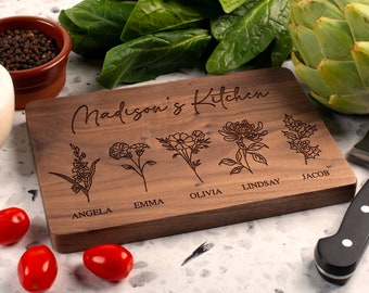 Mother's Day Gifts Personalized Cutting Board, Mom Gifts Grandmas Garden with Grandkids Names, Mamas Kitchen Gift Birth Flower Gifts for Mom