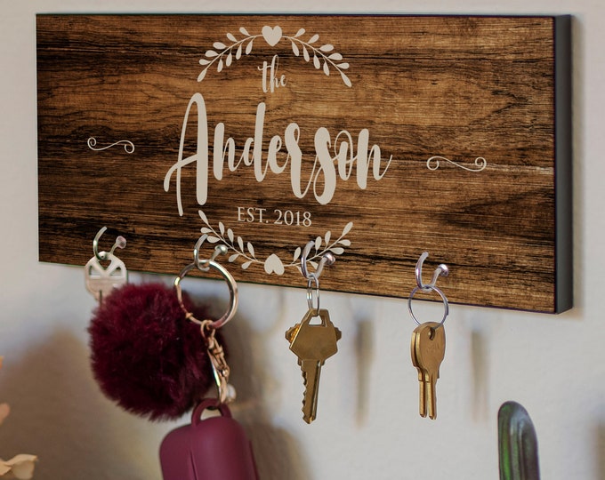 Personalized Key Holder for Wall, Housewarming Gifts for Couple w/ Last Name, New Home Gift for Family, Custom Key Holder, Wedding Gift