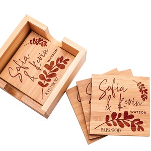 Coasters Personalized Coasters, Custom Coasters Set, Wedding Decor and Gifts, Set of 4 Bamboo Wood Coasters with Holder, Housewarming Gifts