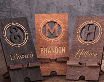 Personalized Monogram Wood Phone Stand, Custom Name and Initial Cell Phone Stand, Personalized Phone Stand Engraved, Gift for Him