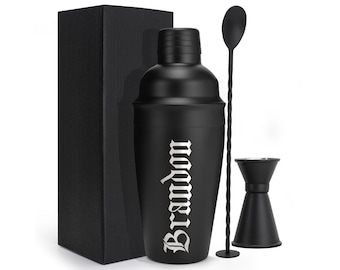 Personalized Cocktail Shaker Set 24 Oz Black Stainless Steel Martini Shaker w/ Strainer, Jigger & Spiral Cocktail Spoon, Gifts for Men