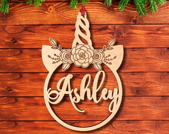 Christmas Wood Ornaments for Girls w/ Unicorn and Name Design, Customized Laser Cut 2022 Christmas Decoration Gift  - Xmas Christmas Tree