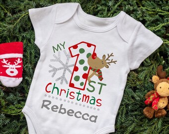 Baby's First Christmas Outfit, Personalized Onesie with Baby's Name Xmas Romper, Sleepsuit Bodysuit for Baby Boy & Girl, Holiday Gift