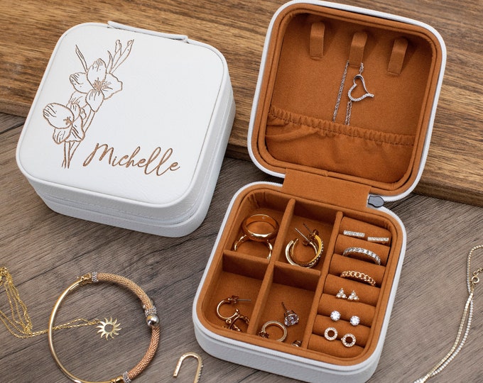 Featured listing image: Travel Jewelry Box, Personalized Gifts for Her, Wedding Bridesmaid Gifts, Engraved Jewelry Case, Birthday Gift for Women, Travel Accessories