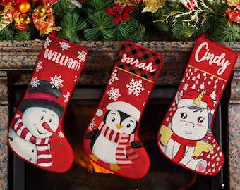 Christmas Stocking Personalizd 19" Custom Family Stocking, Penguin, Santa Claus, Holiday Stocking Decorations, Kids Stockings Christmas 2023