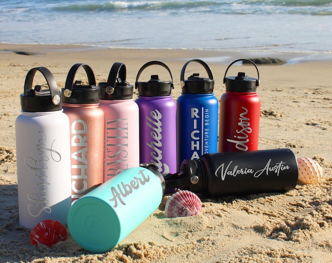 Featured listing image: Personalized Water Bottle w Logo or Design, Straw Lid • Custom Water Bottle • Personalized Gifts • Engraved Name Bottle Stainless Steel