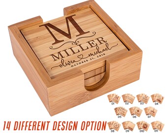 Drink Coasters Square Wood Coasters Set of 7 Personalized With Holder