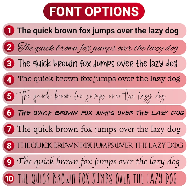 May include: A graphic showing 10 different font options for the phrase "The quick brown fox jumps over the lazy dog". The fonts range from casual script to bold and blocky.