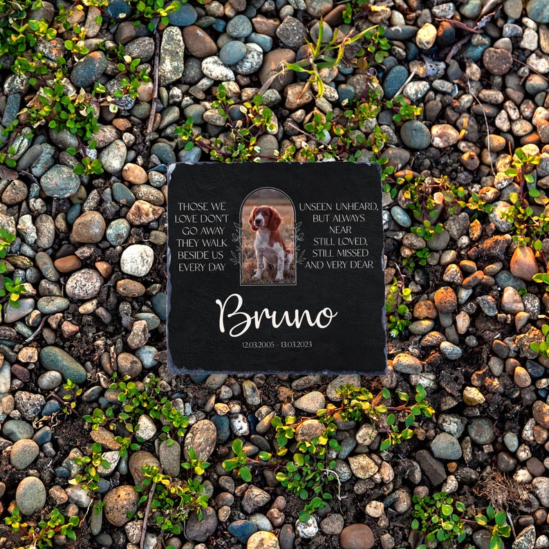 May include: A black slate memorial stone with a photo of a brown and white dog. The stone has the text "Those we love don't go away, they walk beside us every day." and "Unseen unheard, but always near, still loved, still missed and very dear." The stone also has the name "Bruno" and the dates "12.03.2005 - 13.03.2023."
