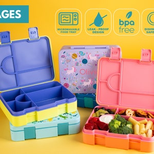 May include: Three colorful lunch boxes with different designs. The lunch boxes have multiple compartments and are leak-proof, microwave safe, and dishwasher safe. The lunch boxes are BPA free. The text "3+ AGES" is on the top left corner of the image.