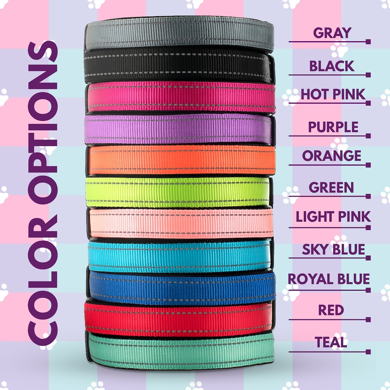May include: A stack of 11 dog collars in different colors, including gray, black, hot pink, purple, orange, green, light pink, sky blue, royal blue, red, and teal.