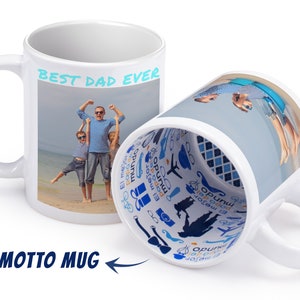 May include: White ceramic mug with a photo of a family on the beach. The text "BEST DAD EVER" is printed on the mug. The inside of the mug has a blue and white pattern with the text "El mejor pap&aacute; del mundo" repeated.