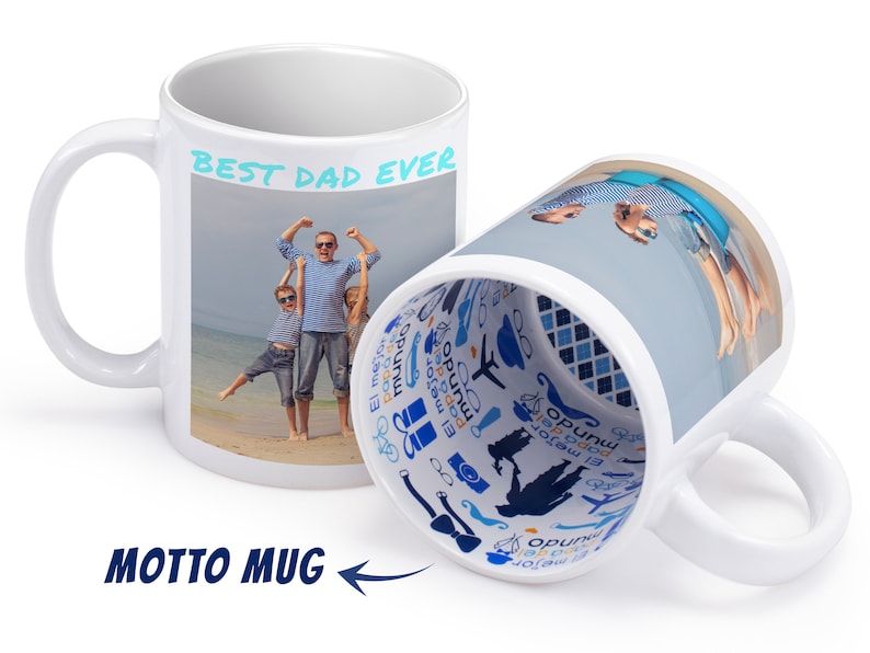 May include: White ceramic mug with a photo of a family on the beach. The text "BEST DAD EVER" is printed on the mug. The inside of the mug has a blue and white pattern with the text "El mejor pap&aacute; del mundo" repeated.