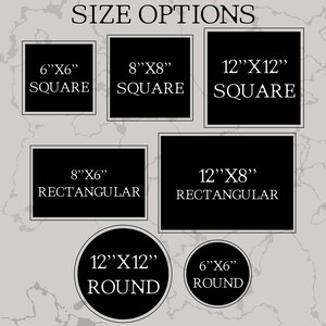 May include: A chart showing different sizes and shapes of prints available. The options include 6x6 inch, 8x8 inch, and 12x12 inch square prints, 8x6 inch rectangular prints, and 6x6 inch and 12x12 inch round prints.