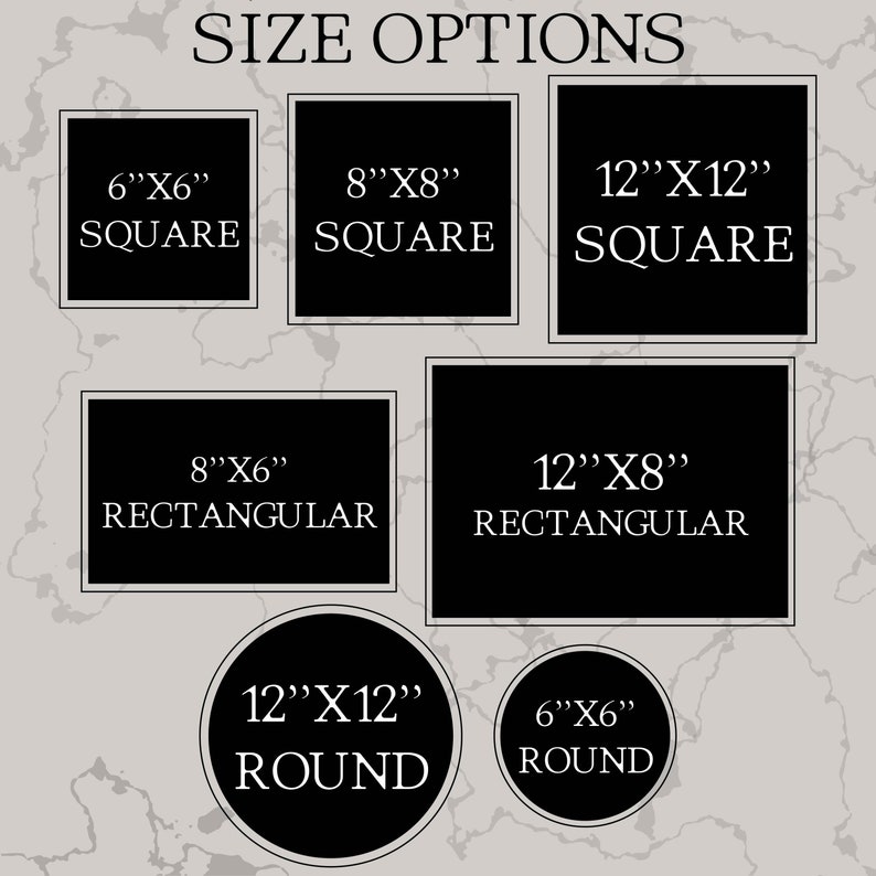 May include: A chart showing different sizes and shapes of prints available. The options include 6x6 inch, 8x8 inch, and 12x12 inch square prints, 8x6 inch rectangular prints, and 6x6 inch and 12x12 inch round prints.