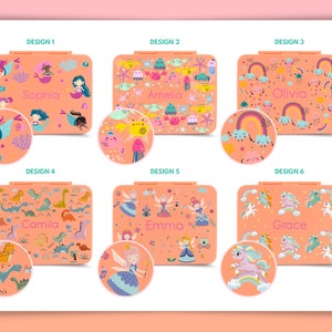 May include: Six different designs for personalized lunch boxes. Each lunch box features a different theme, including mermaids, sea creatures, rainbows, dinosaurs, fairies, and unicorns. The lunch boxes are all pink and orange with white accents. The names "Sophia", "Amelia", "Olivia", "Camila", "Emma", and "Grace" are printed on the lunch boxes.
