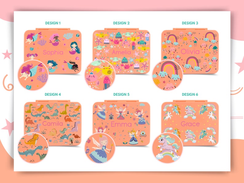 May include: Six different designs for personalized lunch boxes. Each lunch box features a different theme, including mermaids, sea creatures, rainbows, dinosaurs, fairies, and unicorns. The lunch boxes are all pink and orange with white accents. The names "Sophia", "Amelia", "Olivia", "Camila", "Emma", and "Grace" are printed on the lunch boxes.