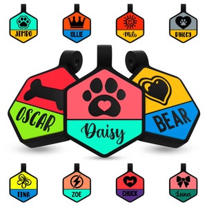 Op de afbeelding: Assortiment van kleurrijke zeshoekige hondenpenningen met verschillende pictogrammen en namen, waaronder Jimbo, Ollie, Milo, Bailey, Oscar, Daisy, Bear, Tina, Zoe, Chuck en Luna.