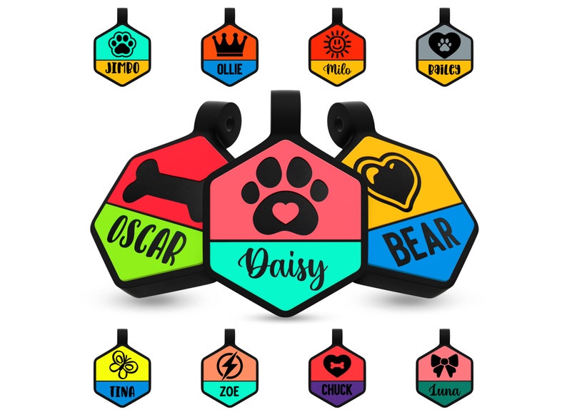 Op de afbeelding: Assortiment van kleurrijke zeshoekige hondenpenningen met verschillende pictogrammen en namen, waaronder Jimbo, Ollie, Milo, Bailey, Oscar, Daisy, Bear, Tina, Zoe, Chuck en Luna.