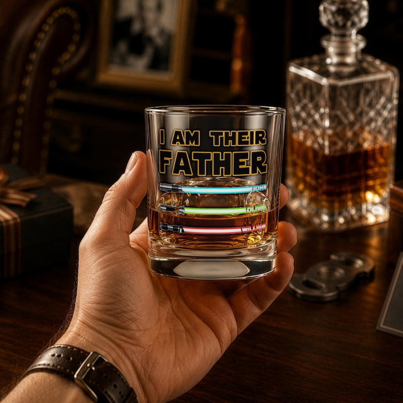 May include: A clear whiskey glass with the text "I AM THEIR FATHER" and three lightsaber designs in blue, green, and red. The glass is filled with amber liquid. The glass is held in a person's hand.