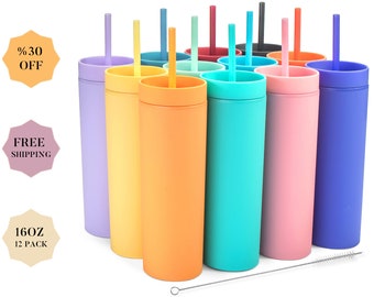 BLANK Tumbler with Straw - Skinny Tumblers (12 Pack) 16 Oz. Bridal Party Favors, Acrylic Tumblers with Lids and Straws - Vinyl DIY Gifts