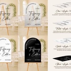 May include: Wedding signs with the names "Tiffany & Eddie" and the date "06.27.2025" are displayed on wooden easels. The signs come in clear, frosted, white, and black acrylic, with text that reads "Welcome to the Wedding of".