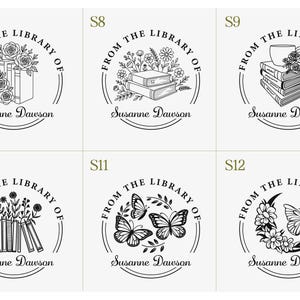 May include: A collection of black and white circular designs with the text "FROM THE LIBRARY OF" and the name "Susanne Dawson". Each design features different illustrations, including books, flowers, butterflies, and a teacup.