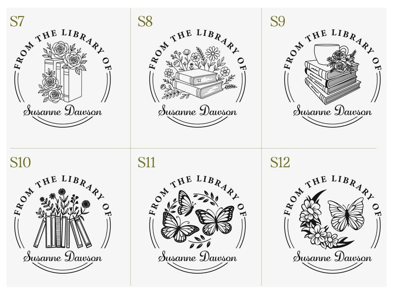 May include: A collection of black and white circular designs with the text "FROM THE LIBRARY OF" and the name "Susanne Dawson". Each design features different illustrations, including books, flowers, butterflies, and a teacup.