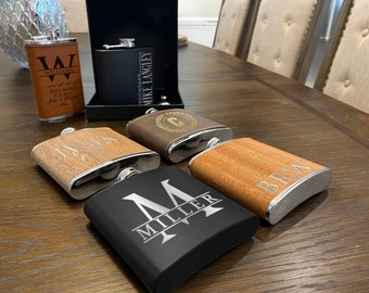 Groomsmen Flask Set, Wood Flask, Engraved Flask, Monogrammed Flask, Leather Hip Flask, Flask For Groomsmen Proposal, Wedding Gift