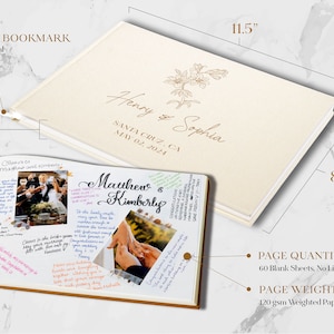 Op de afbeelding: Een wit gastenboek met een satijnen lint-bladwijzer. De omslag heeft gouden letters met de namen "Henry & Sophia" en de datum "May 02, 2024". Het boek is 29,2 cm bij 21,6 cm en heeft 60 blanco vellen van 120 g/m&sup2; zwaar papier.