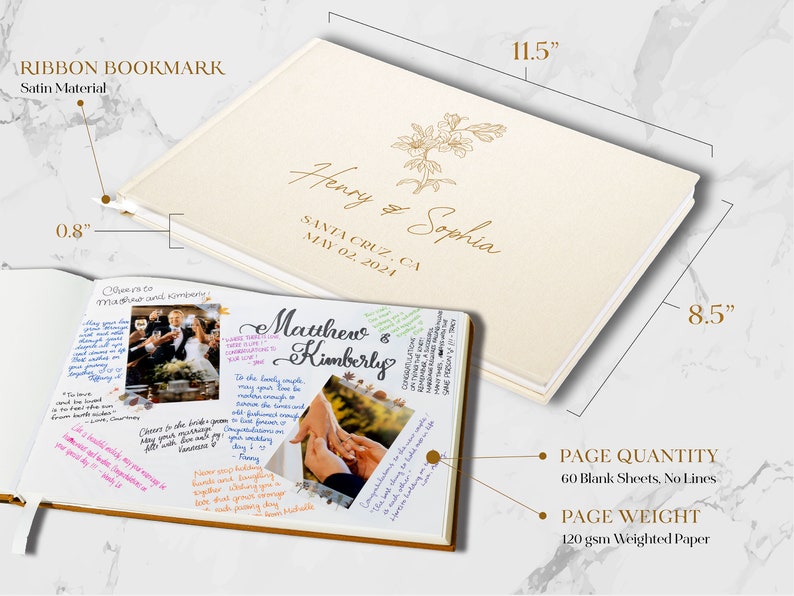 Op de afbeelding: Een wit gastenboek met een satijnen lint-bladwijzer. De omslag heeft gouden letters met de namen "Henry & Sophia" en de datum "May 02, 2024". Het boek is 29,2 cm bij 21,6 cm en heeft 60 blanco vellen van 120 g/m&sup2; zwaar papier.