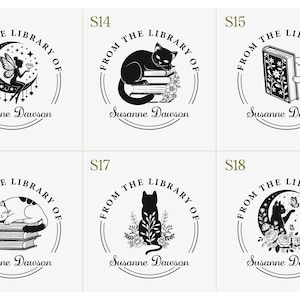 May include: A collection of six circular stamps with the text "FROM THE LIBRARY OF" and the name "Susanne Dawson". Each stamp features a different black and white illustration, including a fairy, cats, books, and floral elements.