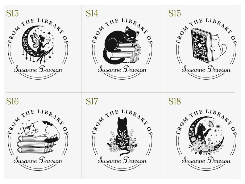 May include: A collection of six circular stamps with the text "FROM THE LIBRARY OF" and the name "Susanne Dawson". Each stamp features a different black and white illustration, including a fairy, cats, books, and floral elements.