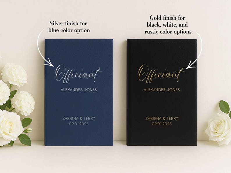 May include: Two hardcover books, one navy blue and one black, with the word "Officiant" in elegant script. The navy book has silver text, and the black book has gold text. Both books include the name "Alexander Jones" and a date.
