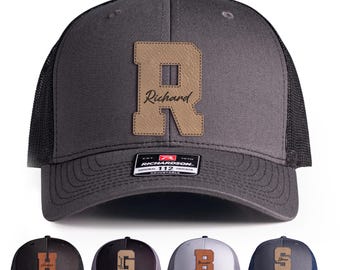 Custom Trucker Hat with Personalized Initial Leather Patch and Name, Cap for Men, Personalized Gifts for Him, Custom Name Hat Groomsmen Gift