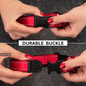 May include: Close-up of a red dog collar with a black, durable buckle. The buckle is shown being fastened and unfastened.