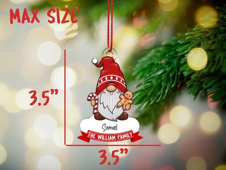May include: A red and white gnome Christmas ornament with a candy cane and gingerbread man. The ornament is 3.5 inches in diameter and has the text "Samuel THE WILLIAM FAMILY" on it.