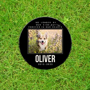 May include: Black memorial stone with a photo of a dog, the text "No longer by our side, but forever in our hearts", the dog's name "Oliver", and the dates "2015-2023".