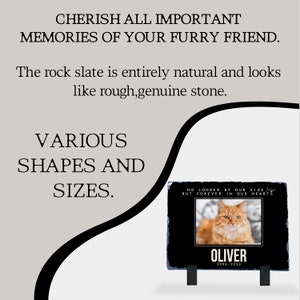 May include: Black slate pet memorial with a photo of a ginger cat and the text "No longer by our side, but forever in our hearts." The memorial also includes the name "Oliver" and the dates "2006-2023".