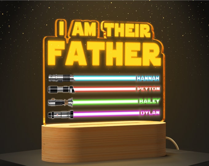 Featured listing image: Fathers Day Gift from Kids, I Am Their Father, Personalized Gifts for Dad, Night Light w Kids Names, Custom Gift for Husband Lightsaber Sign