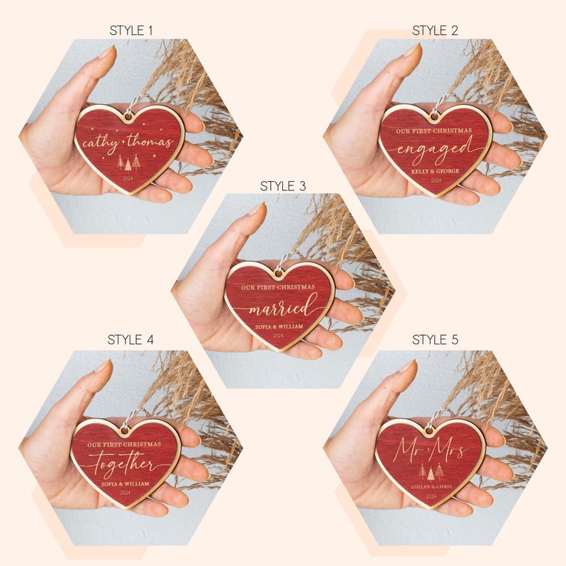 May include: Five different styles of red wooden heart ornaments with personalized text. The ornaments feature the words "engaged", "married", "together", "Mr & Mrs", and "cathy-thomas".