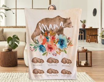 Mama Bear Blanket, Up to 6 Cubs w/ 3 Sizes - Personalized Gifts for Mom, Mother's Day Gift for Wife, New Mom Gift