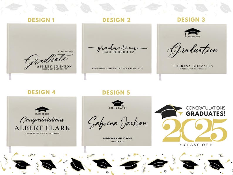 May include: Ten different graduation designs for a personalized journal or notebook. The designs feature a graduation cap, the year 2025, and text that says "Graduate", "Congratulations Graduates", and "Congratulations".