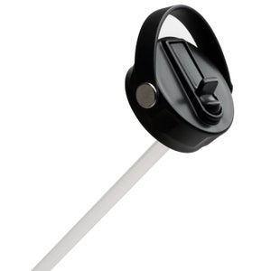 May include: Black plastic water bottle lid with a flip-top straw and a carrying handle.