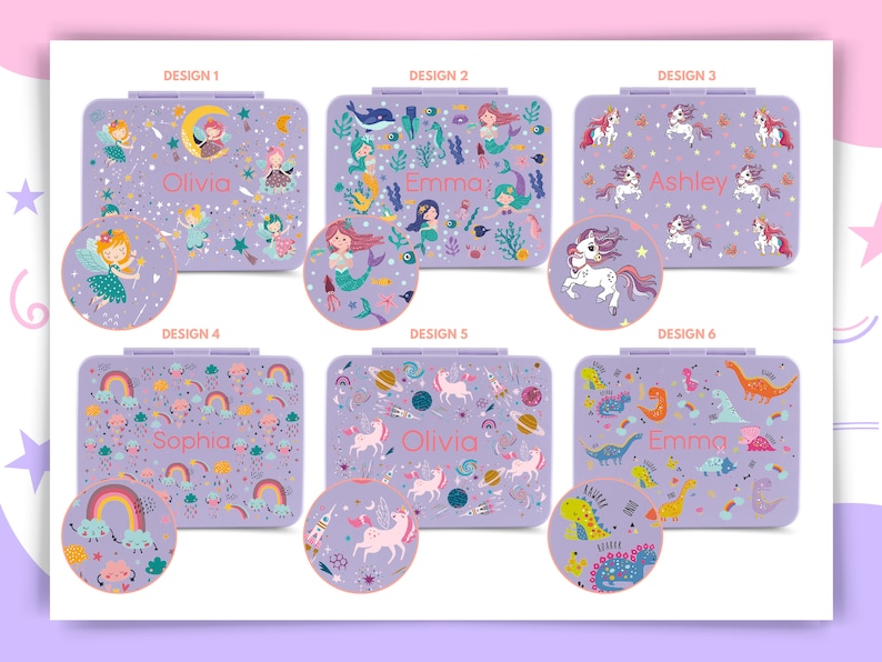 May include: Six different designs for personalized lunch boxes. Each design features a different theme, including unicorns, mermaids, rainbows, and dinosaurs. The lunch boxes are purple with a white border and a clear plastic window. The names Olivia, Emma, Ashley, and Sophia are printed on the lunch boxes.