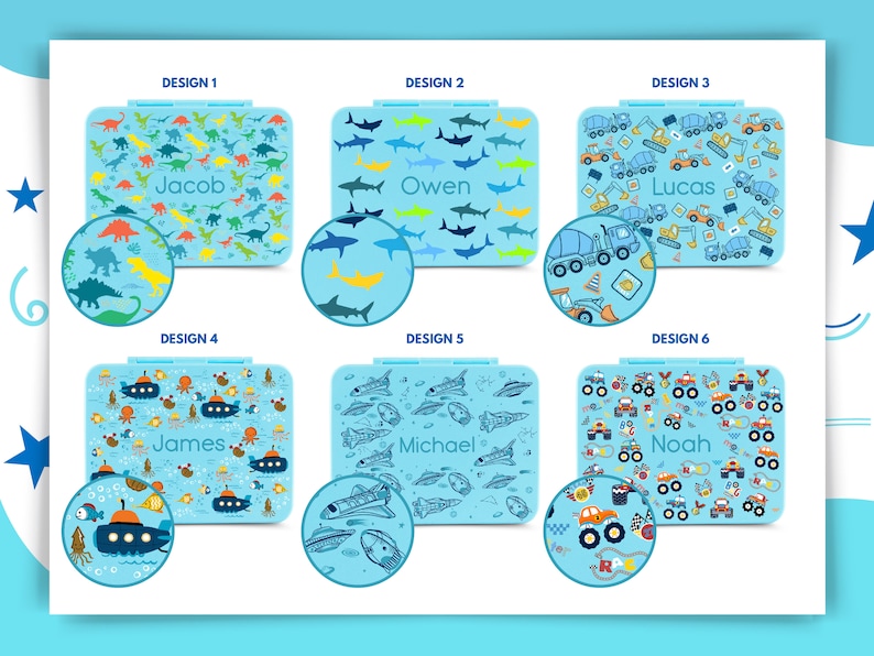 May include: Six different designs for personalized lunchboxes. Each design features a different pattern, including dinosaurs, sharks, construction vehicles, and underwater creatures. The lunchboxes are blue with white accents and have a name printed on each one.