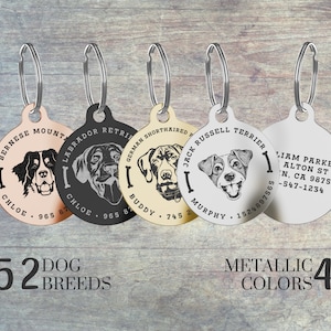 Pet Dog Tag • Dog ID Tag • Personalized Dog Tag • Dog Breed Icons • Puppy Tag • Engraved Dog Name Tag • Silver Gold Rose Dog Tag for Collar