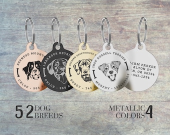 Pet Dog Tag • Dog ID Tag • Personalized Dog Tag • Dog Breed Icons • Puppy Tag • Engraved Dog Name Tag • Silver Gold Rose Dog Tag for Collar