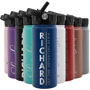 Personalized Water Bottle w/Straw Lid, 18 Oz | Custom Stainless Steel Sports Water Bottle w/Name and Text - Personalized Gift